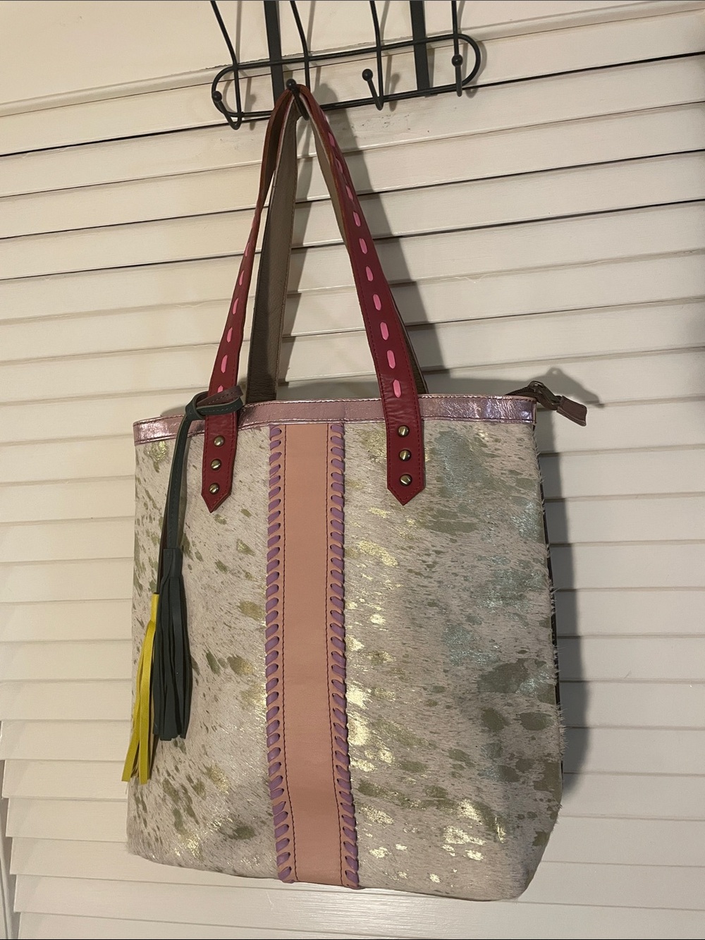 Western Multicolor Metallic Cowhide Double Strap Tote from India